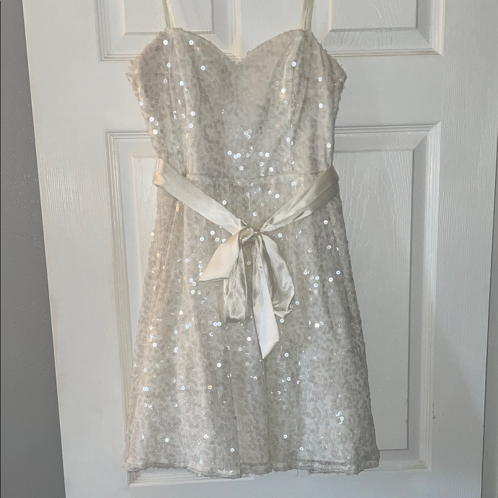 Elegant White Sequin Dress with Satin Bow